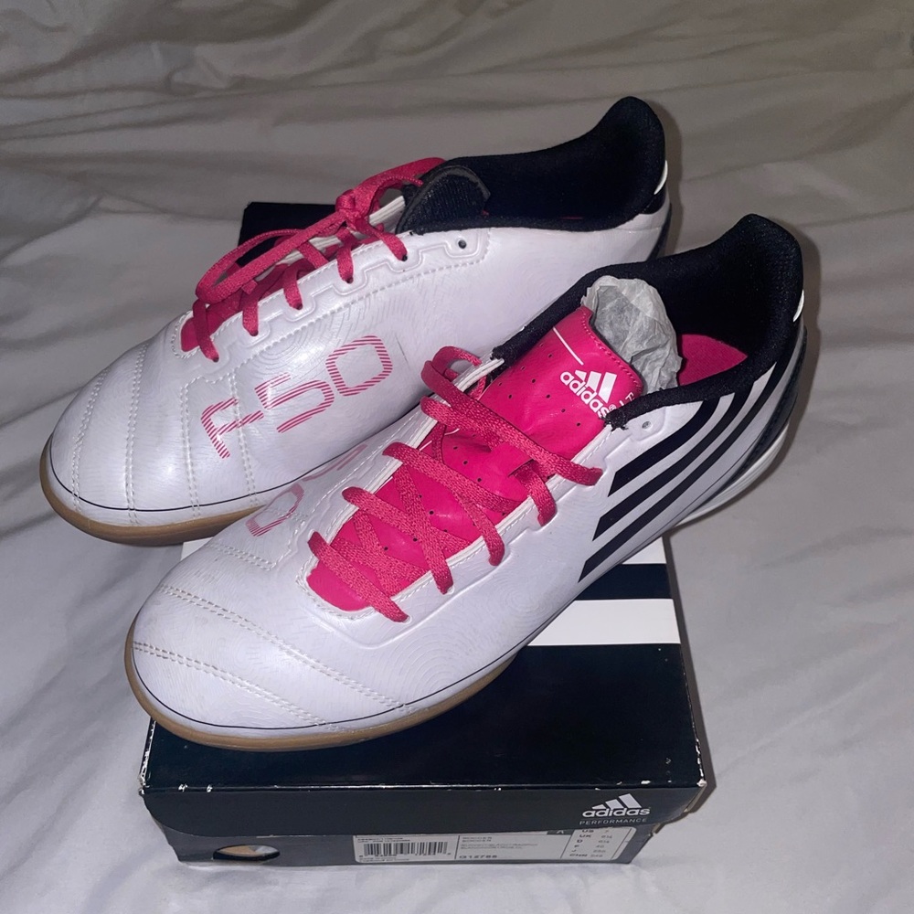 Adidas F50 White and Pink Indoor Soccer Shoes